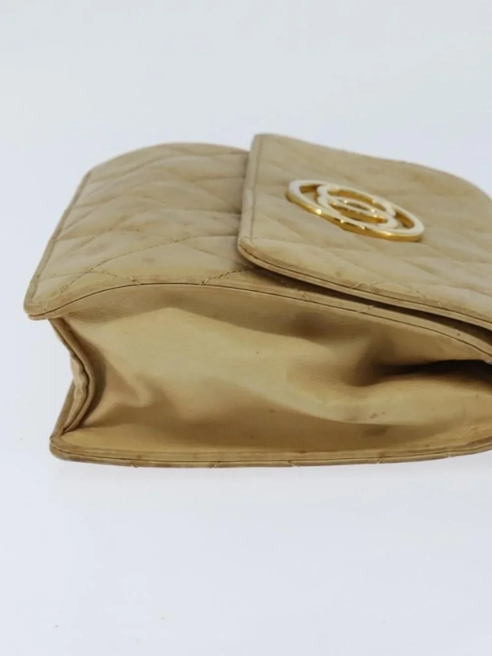 CHANEL Matelasse Chain Shoulder Bag Lamb Skin Beige Gold CC Auth 149120